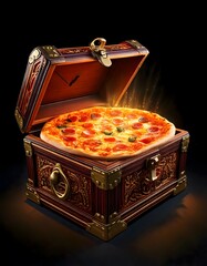 A fantasy-style glowing pizza inside a treasure chest
