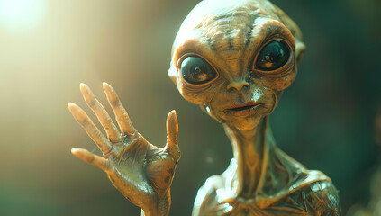 Серый инопланетянин с большими глазами махал рукой на размытом фоне