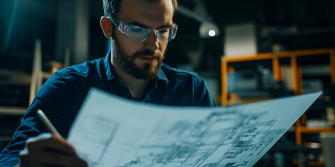 Engineer Reviewing Schematics with Sharp Focus