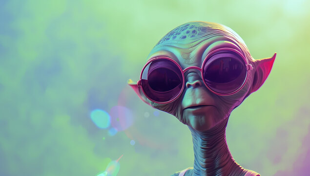 A green alien in pink sunglasses on a blue background