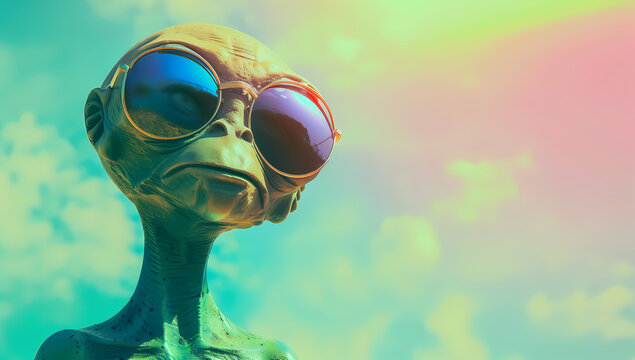 Sad green alien in sunglasses on a blue background