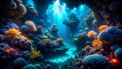 Bioluminescent Coral Reef in Mysterious Ocean Abyss: Surreal Underwater Canyon Stock Photo