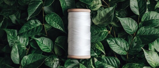 Eco-Friendly Thread: Sustainable White Sewing Thread on Lush Green Foliage