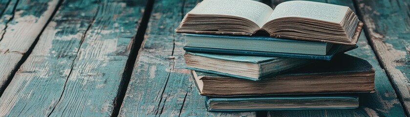Old books stacked on rustic wood, education, reading