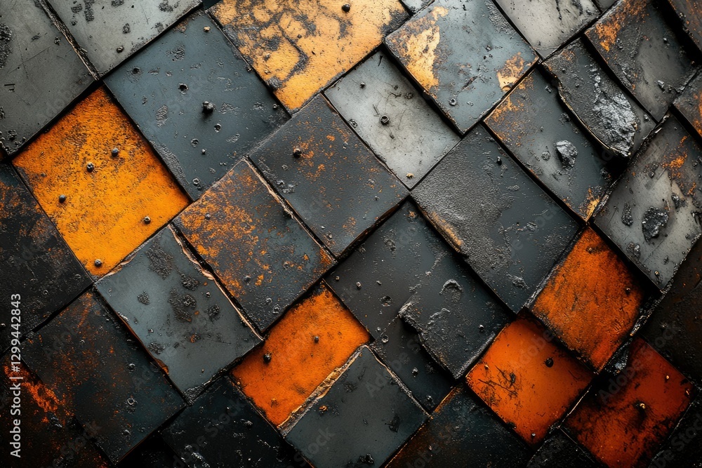Poster abstract texture of dark gray and orange square metal plates arranged in a diagonal pattern.