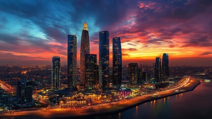 Fototapeta premium Stunning sunset over modern city skyline with illuminated skyscrapers by waterfront