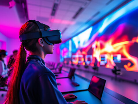 Futuristic classroom setting featuring students engaging with augmented reality technology and interactive learning experiences