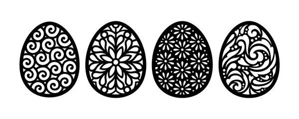 Easter eggs set. Paper or laser cutting templates. Vector illustrations. Decorative holiday symbol. Floral ornate egg. Isolated on white background. Carved pattern. For laser, plotter cutting, sublima