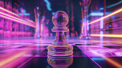 A vibrant glass chess pawn stands prominently on a neon-lit chessboard, surrounded by blurred pieces