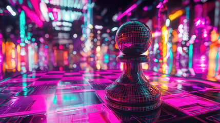A futuristic chess pawn in a neon-lit digital landscape, reflecting vibrant colors and patterns