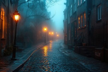 A misty cobblestone street at night, illuminated by warm lamplight, creating a mysterious and enchanting ambiance.