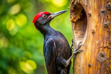 Black Woodpecker Foraging:  Dramatic Wildlife Close-up in Tree Trunk