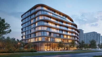 Obraz premium Modern curved glass apartment building at twilight in urban setting
