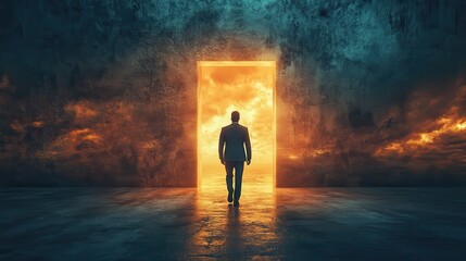 Obraz premium Silhouette of male adult walking through glowing doorway into fiery sky