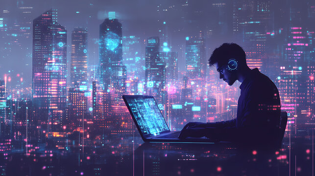 A software engineer working on multi laptop with futuristic illustration background. Evolution - City. Illustration