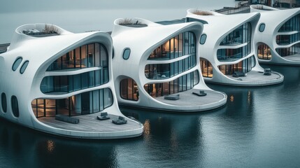Fototapeta premium Futuristic curved architecture on waterfront with modern design and large glass facades