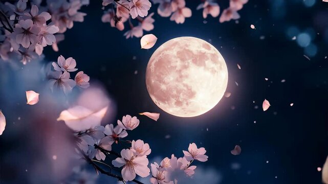 満月と桜の花びら &ndash; 月光が優しく照らす幻想的な春の情景
