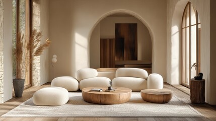 Contemporary minimalist living room with curved sofa and wooden accents