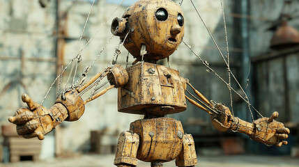 Rustic wooden puppet with expressive features in an industrial workshop setting