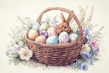 Easter Basket Overflowing with Sweets and Flowers A cozy, detailed illustration of a woven Easter basket filled with hand-painted eggs, chocolate bunnies, pastel-wrapped candies, and fresh spring flow
