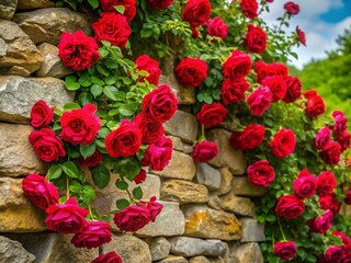 Blooming Red Climbing Rose Bush on Wall - Beautiful Stock Photo