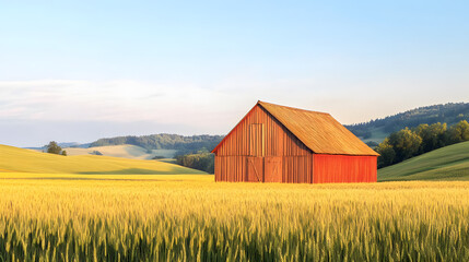 Obraz premium A cozy wooden barn at the edge of a wheat field surrounded by rolling hills.