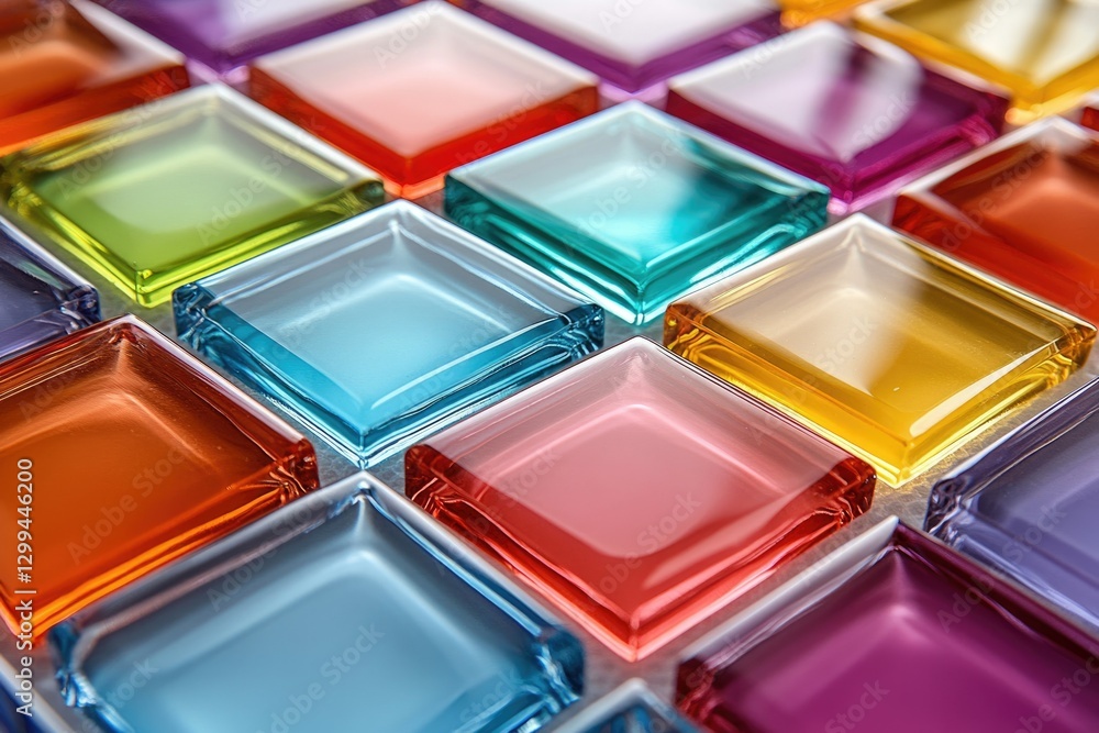 Poster vibrant colored glass square tiles arranged in a diamond pattern, creating a colorful and attractive