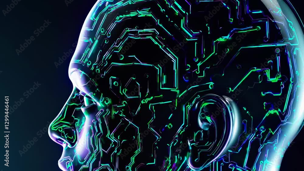 Poster side profile of a human head with glowing circuit patterns, captured in a close-up angle, evoking a 