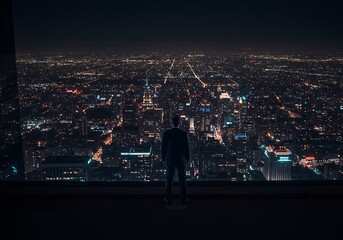 Night Cityscape: A Man's Silhouetted Contemplation
