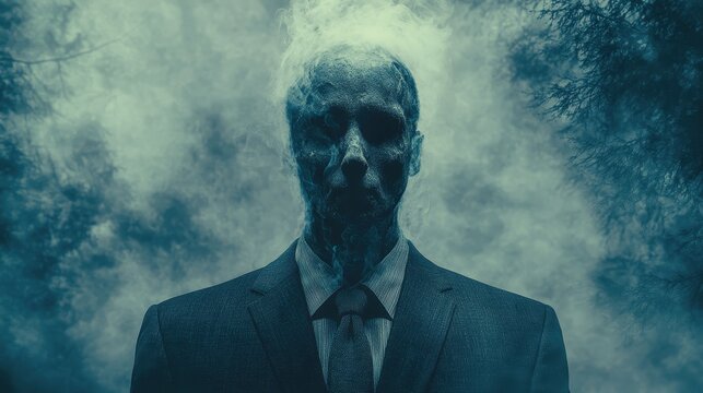 Mysterious smoky figure in forested environment with cloudy atmosphere