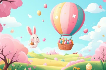 Easter Bunny Delivering Eggs in a Hot Air Balloon A playful illustration of an Easter bunny soaring through the sky in a pastel-colored hot air balloon, with a large basket full of decorated eggs. Bel