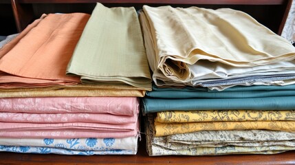 A collection of folded bed linens, pillowcases, and fresh sheets ready for use.