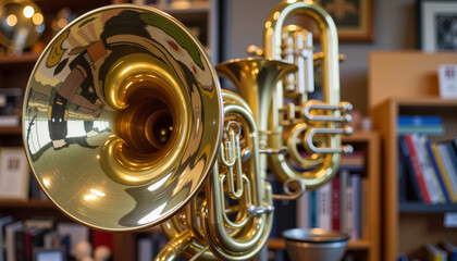 Polished brass instruments displayed in music shop, artistic showcase