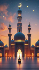 A beautiful mosque with magnificent domes and minarets lit by golden lanterns. The twilight sky is studded with stars and a crescent moon, creating a sacred, peaceful, and spiritually majestic atmosph
