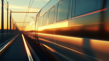 Modern high-speed train racing along the railway at sunset, evoking a powerful sense of speed and progress while illuminating the evening landscape with vibrant colors