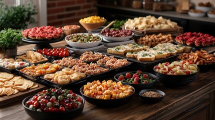 Fototapeta premium Assorted buffet spread with appetizers and salads on wooden table