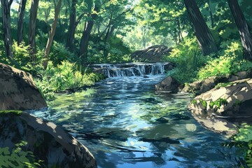 Serene forest stream flows over rocks, sunlight dappling the clear water.