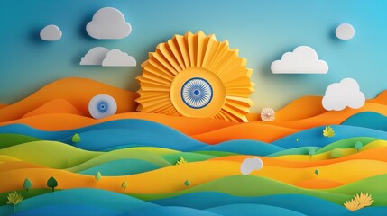Colorful paper art landscape with sun and clouds