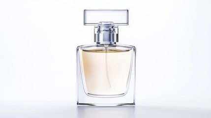 Crystal-clear perfume bottle with minimalistic features, shimmering reflections on the liquid, soft shadows, and clean white background evoke purity and understated luxury.