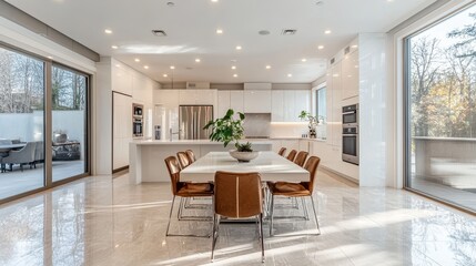 Fototapeta premium Modern luxury kitchen with minimalist design and spacious dining area