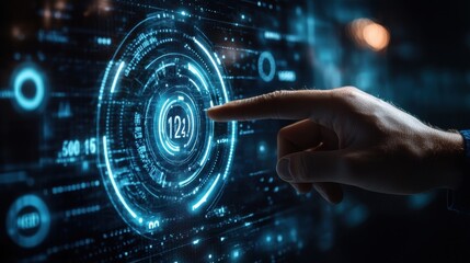 Obraz premium Futuristic interface with human hand touching digital holographic display