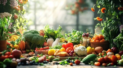 Abundant harvest of fresh vegetables and fruits in sunlit garden