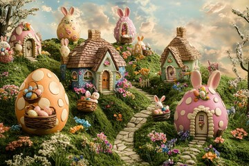 Easter Bunny Village in a Fairytale Setting An enchanting Easter bunny village nestled among rolling green hills