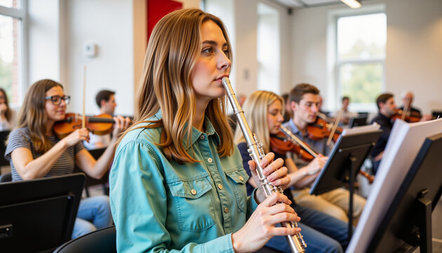 Classical music student playing piccolo in university hall, musical passion