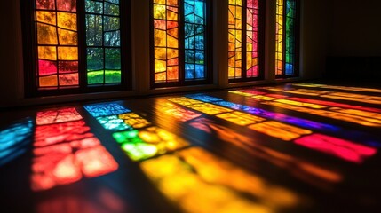 Colorful stained glass windows reflect vibrant light patterns onto church wood floor