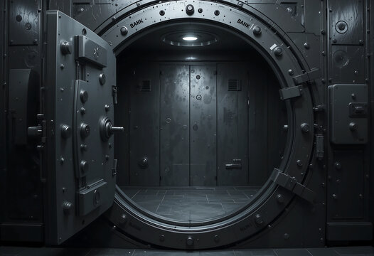 Large metallic vault doors stand open, revealing dark, empty space inside. The dimly lit interior reflects a sense of neglect and loss amid economic downturn