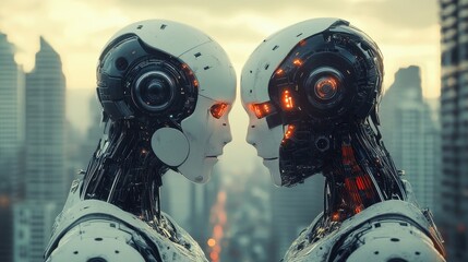 Futuristic robotic interaction in urban skyline