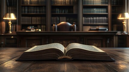 Fototapeta premium Antique book in elegant library with vintage wooden furniture and soft lamp lighting