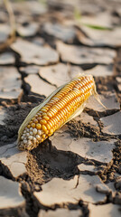 A dry corn cob lies on cracked soil

