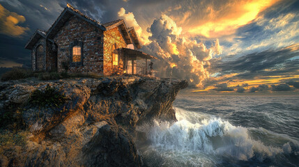 A rustic stone house perched on a cliff overlooking crashing waves at sunset, with dramatic clouds